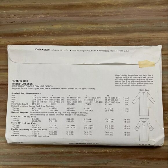 UNCUT Sewing Pattern Kwik Sew 3560 Straight Dress Round Neck Misses XS-XL - Picture 2 of 2